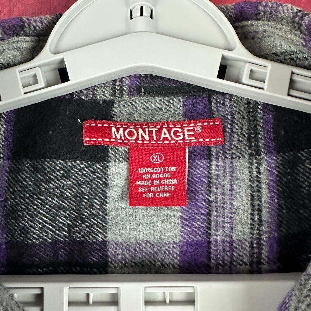 MONTAGE PLAID FLANNEL  MEN'S SHIRT BUTTON DOWN LONG SLEEVE BLACK/GRAY/PURPLE XL - Picture 2 of 11